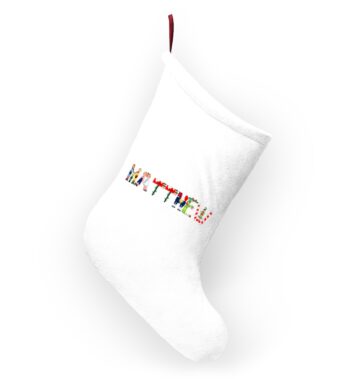 White stocking with text ‘Matthew’ in colourful Christmas themed lettering, with red hanging loop