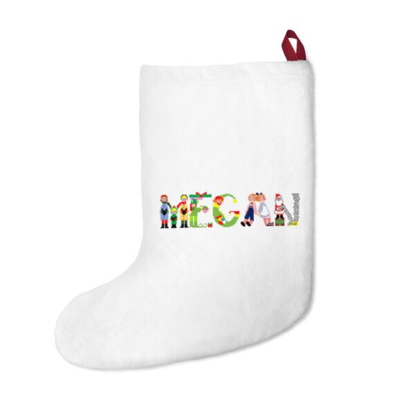 White stocking with text ‘Megan’ in colourful Christmas themed lettering, with red hanging loop