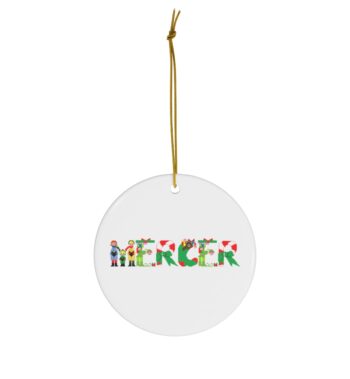 White ceramic ornament with text ‘Mercer’ in colourful Christmas themed lettering, with gold hanging loop