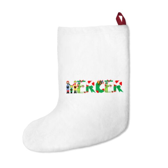 White stocking with text ‘Mercer’ in colourful Christmas themed lettering, with red hanging loop