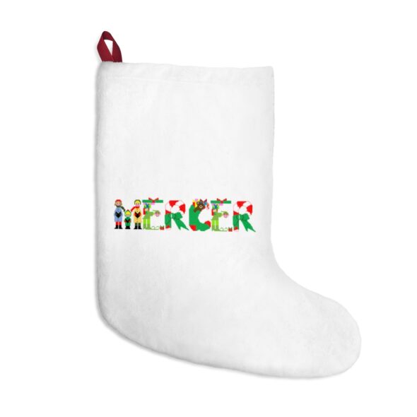 White stocking with text ‘Mercer’ in colourful Christmas themed lettering, with red hanging loop