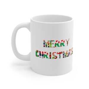 White 11 ounce mug with text ‘Merry Christmas’ in colourful Christmas themed lettering
