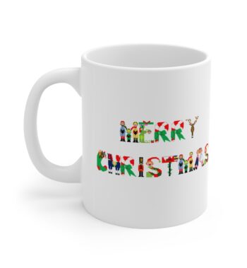 White 11 ounce mug with text ‘Merry Christmas’ in colourful Christmas themed lettering