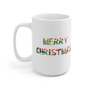 White 15 ounce mug with text ‘Merry Christmas’ in colourful Christmas themed lettering