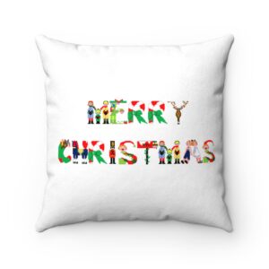 White faux suede cushion with text ‘Merry Christmas’ in colourful Christmas themed lettering