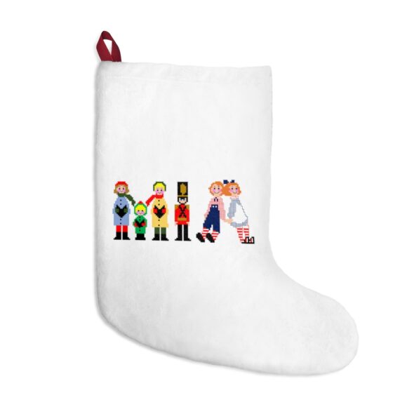 White stocking with text ‘Mia’ in colourful Christmas themed lettering, with red hanging loop