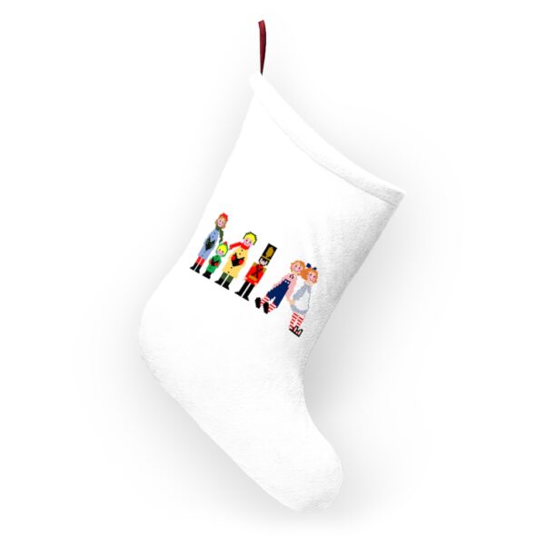 White stocking with text ‘Mia’ in colourful Christmas themed lettering, with red hanging loop