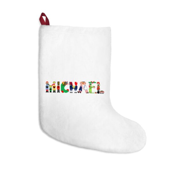 White stocking with text ‘Michael’ in colourful Christmas themed lettering, with red hanging loop