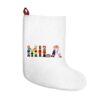 White stocking with text ‘Mila’ in colourful Christmas themed lettering, with red hanging loop