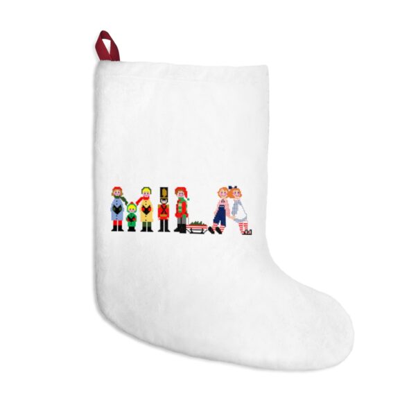White stocking with text ‘Mila’ in colourful Christmas themed lettering, with red hanging loop