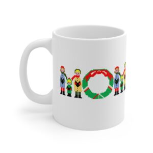 White 11 ounce mug with text ‘Mom’ in colourful Christmas themed lettering