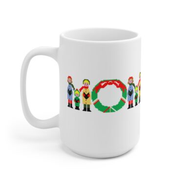 White 15 ounce mug with text ‘Mom’ in colourful Christmas themed lettering