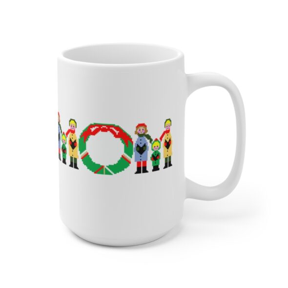 White 15 ounce mug with text ‘Mom’ in colourful Christmas themed lettering
