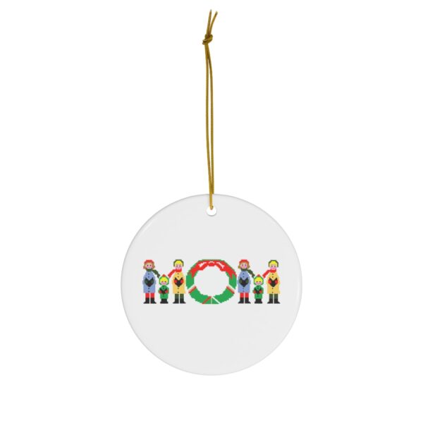 White ceramic ornament with text ‘Mom’ in colourful Christmas themed lettering, with gold hanging loop