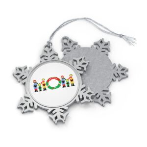 Silver-toned snowflake ornament with white insert with text ‘Mom’ in colourful Christmas themed lettering, with silver hanging loop