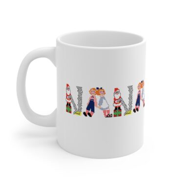 White 11 ounce mug with text ‘Nana’ in colourful Christmas themed lettering