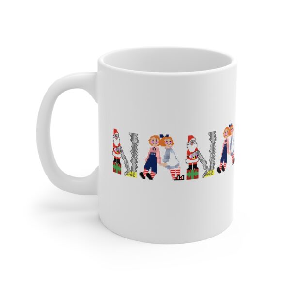 White 11 ounce mug with text ‘Nana’ in colourful Christmas themed lettering
