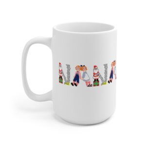 White 15 ounce mug with text ‘Nana’ in colourful Christmas themed lettering