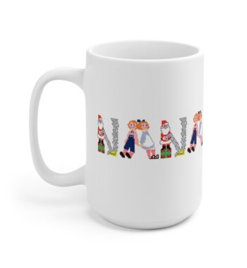 White 15 ounce mug with text ‘Nana’ in colourful Christmas themed lettering