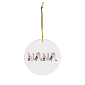 White ceramic ornament with text ‘Nana’ in colourful Christmas themed lettering, with gold hanging loop