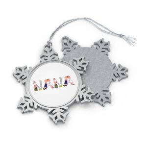 Silver-toned snowflake ornament with white insert with text ‘Nana’ in colourful Christmas themed lettering, with silver hanging loop