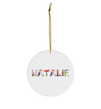 White ceramic ornament with text ‘Natalie’ in colourful Christmas themed lettering, with gold hanging loop