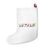 White stocking with text ‘Natalie’ in colourful Christmas themed lettering, with red hanging loop