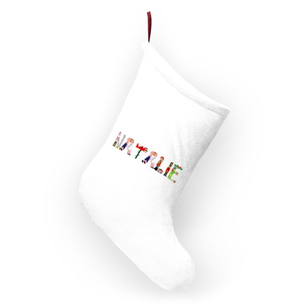 White stocking with text ‘Natalie’ in colourful Christmas themed lettering, with red hanging loop