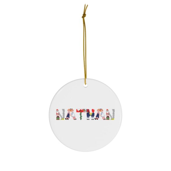 White ceramic ornament with text ‘Nathan’ in colourful Christmas themed lettering, with gold hanging loop