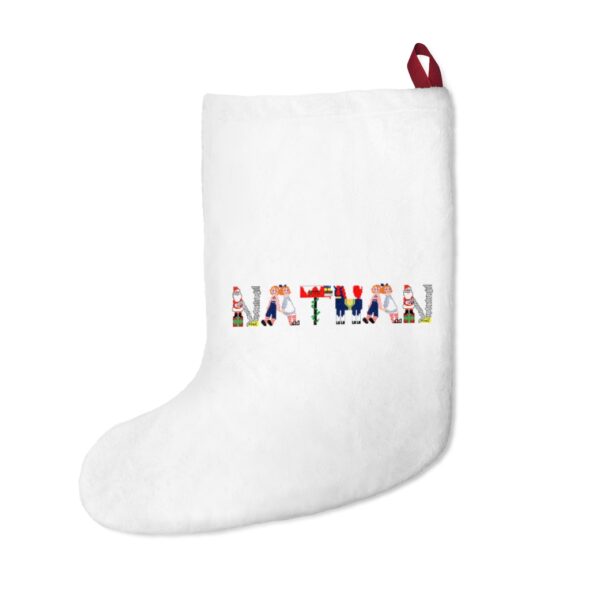 White stocking with text ‘Nathan’ in colourful Christmas themed lettering, with red hanging loop