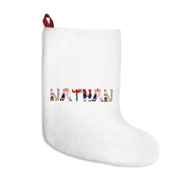 White stocking with text ‘Nathan’ in colourful Christmas themed lettering, with red hanging loop