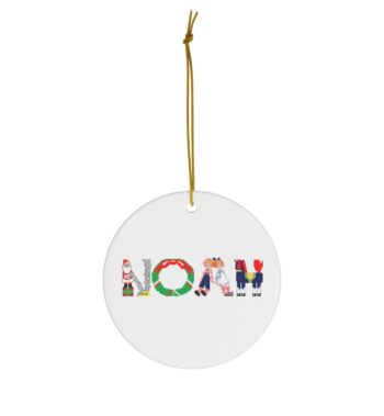 White ceramic ornament with text ‘Noah’ in colourful Christmas themed lettering, with gold hanging loop