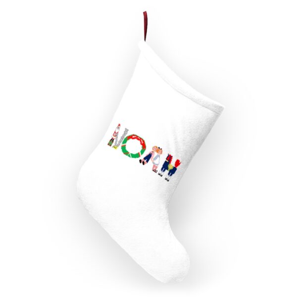White stocking with text ‘Noah’ in colourful Christmas themed lettering, with red hanging loop