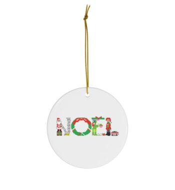 White ceramic ornament with text ‘Noel’ in colourful Christmas themed lettering, with gold hanging loop