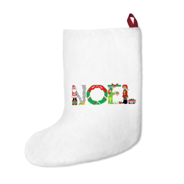 White stocking with text ‘Noel’ in colourful Christmas themed lettering, with red hanging loop