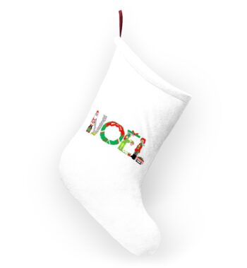 White stocking with text ‘Noel’ in colourful Christmas themed lettering, with red hanging loop