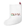 White stocking with text ‘Olivia’ in colourful Christmas themed lettering, with red hanging loop