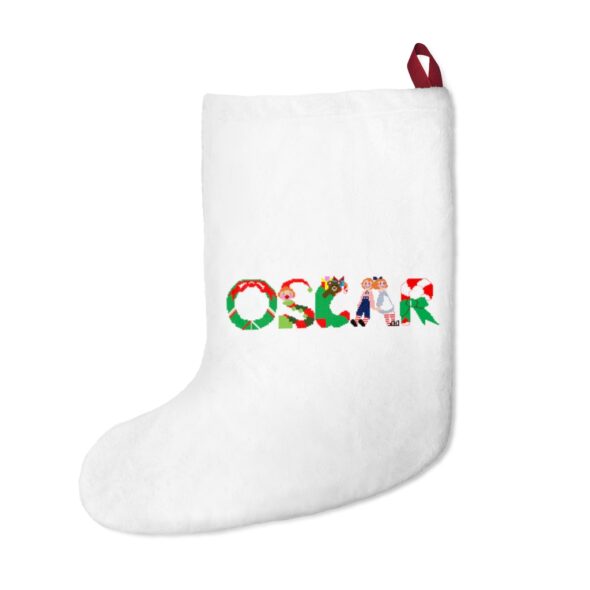 White stocking with text ‘Oscar’ in colourful Christmas themed lettering, with red hanging loop