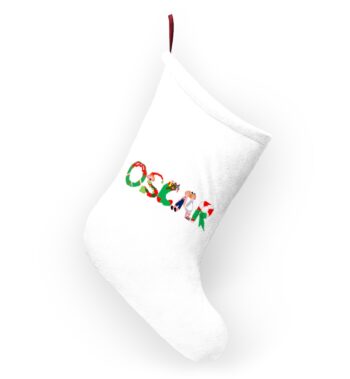 White stocking with text ‘Oscar’ in colourful Christmas themed lettering, with red hanging loop