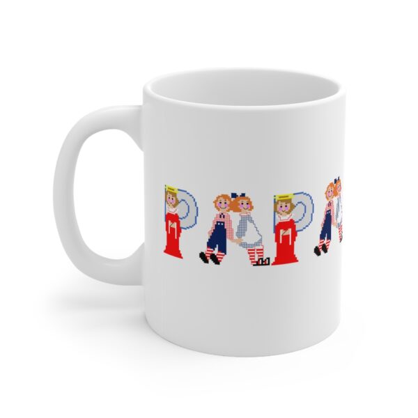 White 11 ounce mug with text ‘Papa’ in colourful Christmas themed lettering