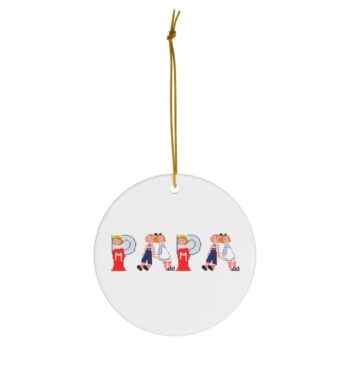 White ceramic ornament with text ‘Papa’ in colourful Christmas themed lettering, with gold hanging loop