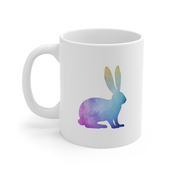 White 11 ounce mug featuring a bunny rabbit in a pastel gradient