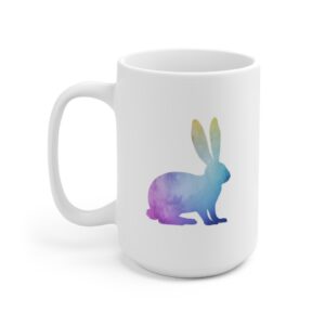 White 15 ounce mug featuring a bunny rabbit in a pastel gradient