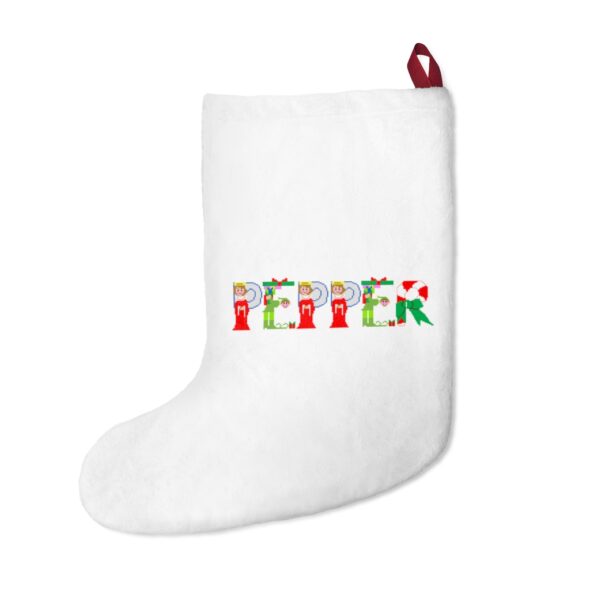 White stocking with text ‘Pepper’ in colourful Christmas themed lettering, with red hanging loop