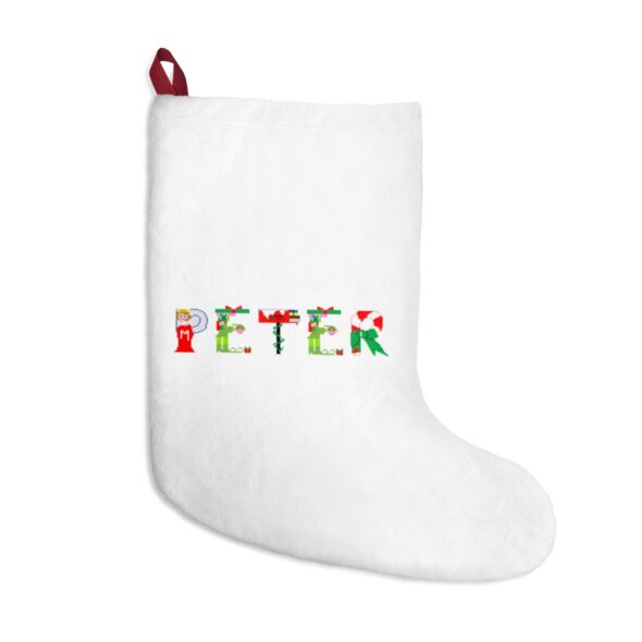 White stocking with text ‘Peter’ in colourful Christmas themed lettering, with red hanging loop