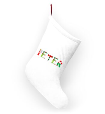 White stocking with text ‘Peter’ in colourful Christmas themed lettering, with red hanging loop