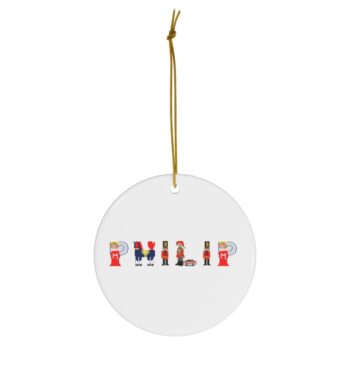 White ceramic ornament with text ‘Philip’ in colourful Christmas themed lettering, with gold hanging loop