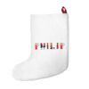 White stocking with text ‘Philip’ in colourful Christmas themed lettering, with red hanging loop