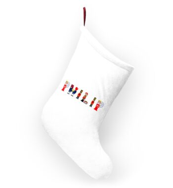 White stocking with text ‘Philip’ in colourful Christmas themed lettering, with red hanging loop