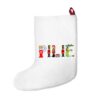 White stocking with text ‘Pilie’ in colourful Christmas themed lettering, with red hanging loop